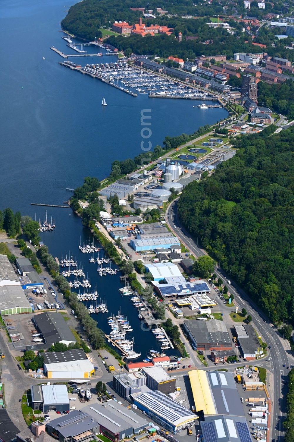 Flensburg from above - Port facilities on the seashore of the Am Industriehafen - Industriekai entlang of Kielseng in Flensburg in the state Schleswig-Holstein, Germany