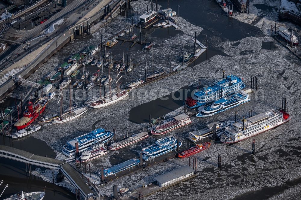 Hamburg from above - Port facilities of the Niederhafen with the lightship and excursion boats on the banks of the river Elbe in Hamburg, Germany