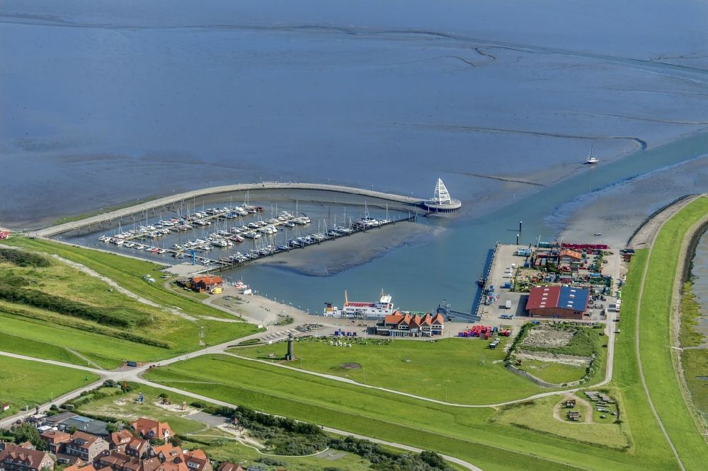 Juist from above - Port facilities of the harbor of the North Sea- island Juist in the state Lower Saxony