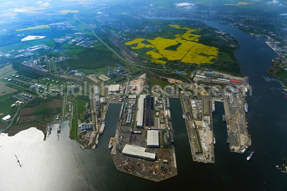 Aerial image Rostock - Port facilities on the shores of the harbor of of Seehafen of ROSTOCK PORT GmbH in the district Peez in Rostock in the state Mecklenburg - Western Pomerania, Germany