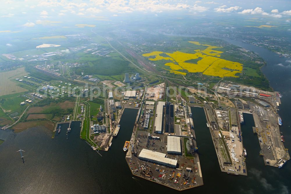 Aerial image Rostock - Port facilities on the shores of the harbor of of Seehafen of ROSTOCK PORT GmbH in the district Peez in Rostock in the state Mecklenburg - Western Pomerania, Germany
