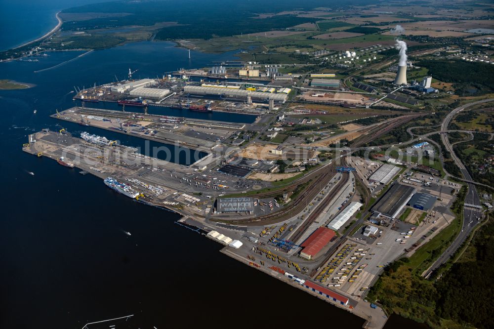 Rostock from above - Port facilities on the shores of the harbor of of Seehafen of ROSTOCK PORT GmbH in the district Peez in Rostock in the state Mecklenburg - Western Pomerania, Germany