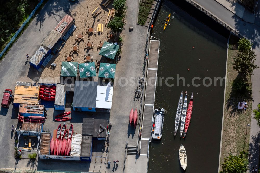 Aerial photograph Leipzig - Port facilities of the city port of Leipzig with kayak rental station on the Elstermuehlgraben branch of the river in the district Zentrum-West in Leipzig in the state Saxony, Germany