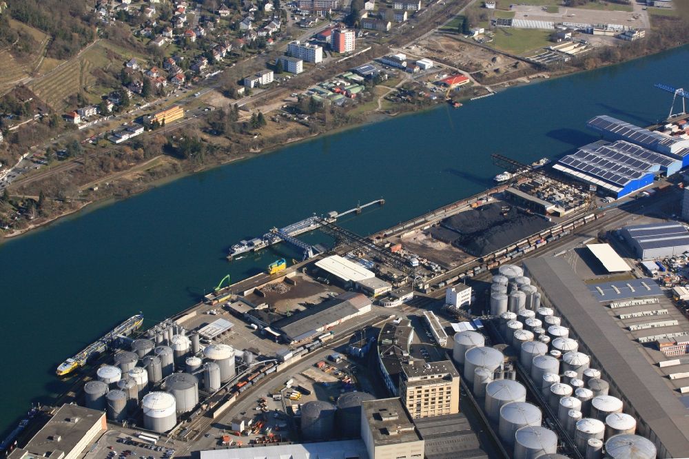 Aerial image Birsfelden - Port facilities, terminals and tank farms with warehouses and freight forwarding and logistics companies in Birsfelden in Switzerland