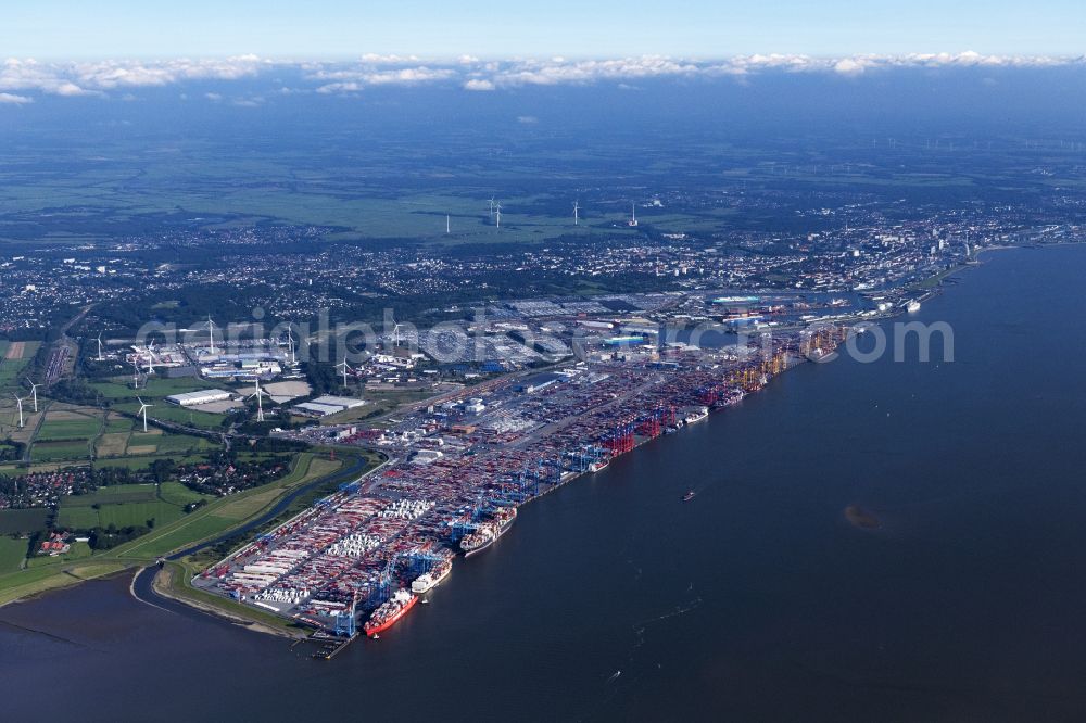 Aerial image Bremerhaven - Docks and terminals with warehouses and freight forwarding and logistics companies by the mouth of the Weser in Bremerhaven in the state Bremen