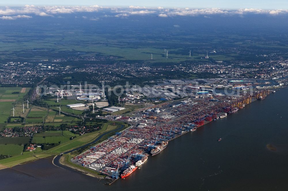 Aerial photograph Bremerhaven - Docks and terminals with warehouses and freight forwarding and logistics companies by the mouth of the Weser in Bremerhaven in the state Bremen