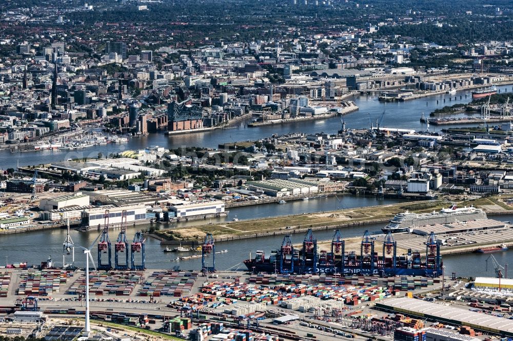 Aerial photograph Hamburg - Facilities of Hamburg port on the banks of the river course of the Elbe in district Steinwerder in back light