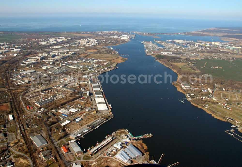 Rostock from above - Port facilities on the banks of the river course of the Unterwarnow in the district Schmarl in Rostock in the state Mecklenburg - Western Pomerania, Germany