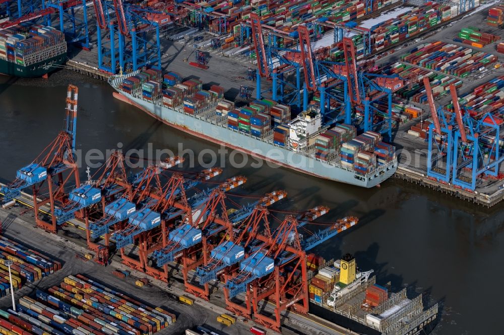 Aerial image Hamburg - Port facilities on the shores of the harbor of Burchardkai of Eurogate in the district Waltershof in Hamburg, Germany