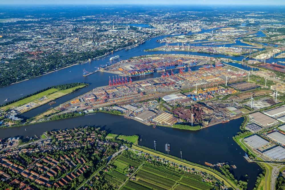 Hamburg from the bird's eye view: Port facilities on the shores of the harbor of Burchardkai of Eurogate in the district Waltershof in Hamburg, Germany