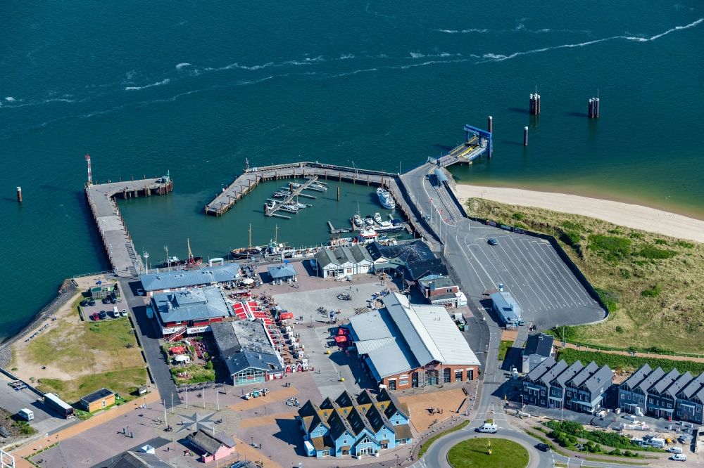 List from above - Port facilities on the shores of the harbor of in List on Island Sylt in the state Schleswig-Holstein, Germany