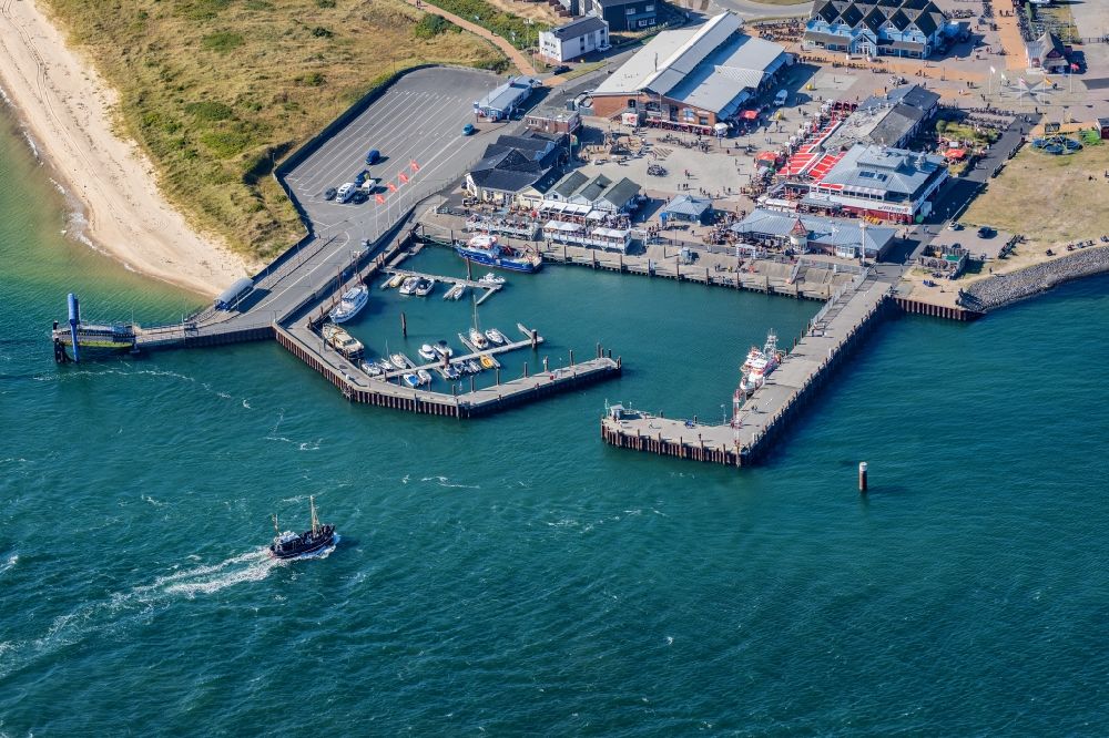 List from above - Port facilities on the shores of the harbor of in List on Island Sylt in the state Schleswig-Holstein, Germany