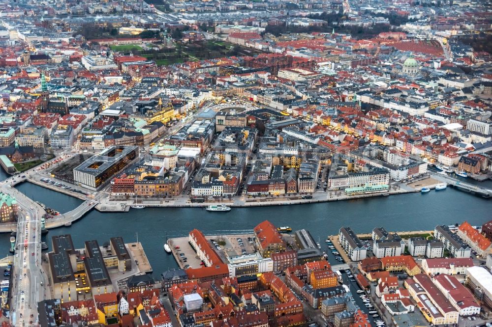 Kopenhagen from above - Port facilities on the shores of the harbor of Nyhavn in Copenhagen in Region Hovedstaden, Denmark