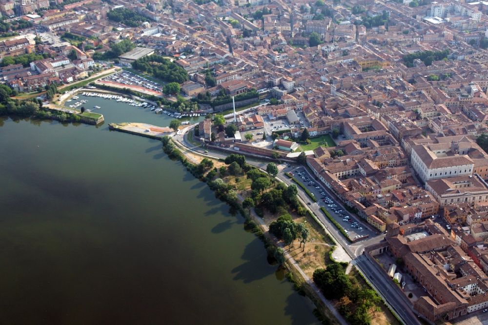 Mantua from above - Port facilities on the shores of the harbor of of Porto Catena in Mantua in the Lobardy, Italy