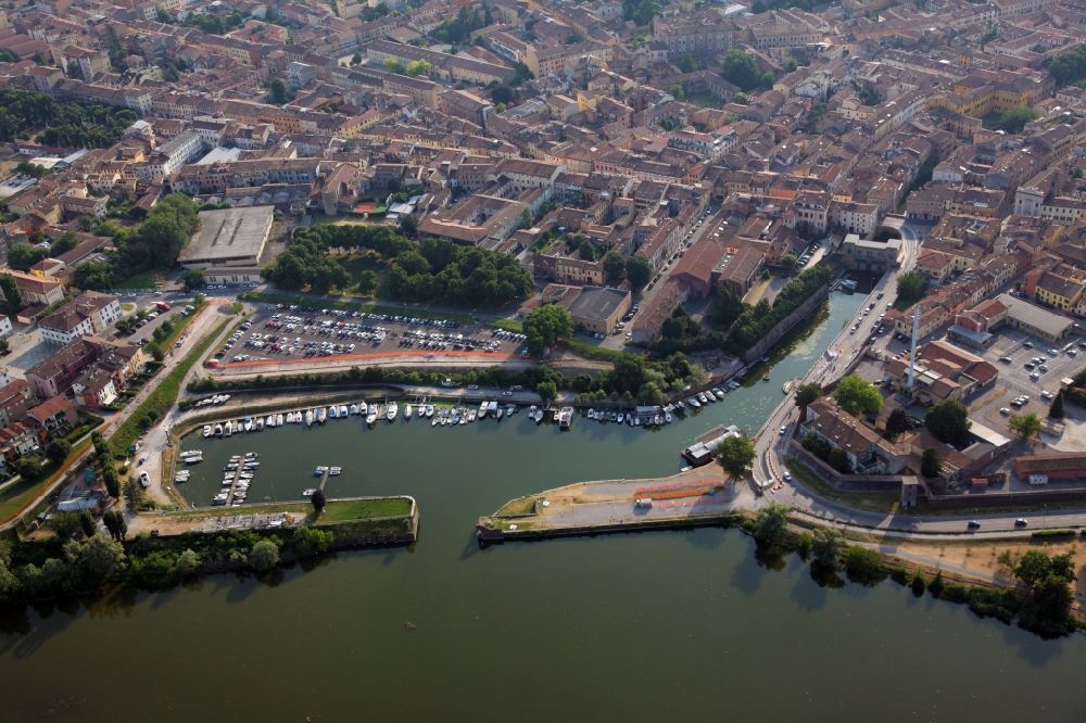 Mantua from the bird's eye view: Port facilities on the shores of the harbor of of Porto Catena in Mantua in the Lobardy, Italy