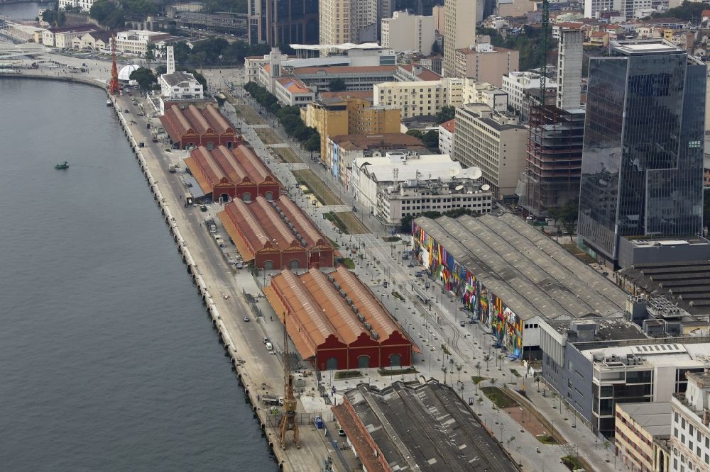 Rio de Janeiro from above - Port facilities on the shores of the harbor Porto Maravilha on Olympic Boulevard in front of the Summer Games of the Games of the XXXI. Olympics in Rio de Janeiro in Brazil