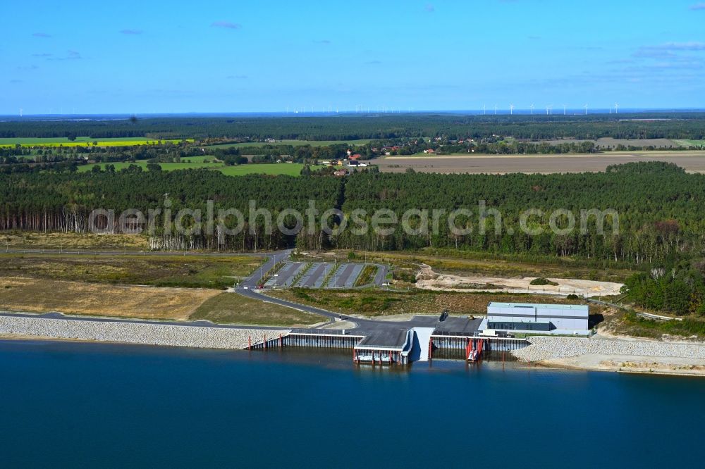 Senftenberg from above - Port facilities on the shores of the Sedlitzer See for the emerging industrial area on the federal highway B156 in Senftenberg in the state Brandenburg, Germany
