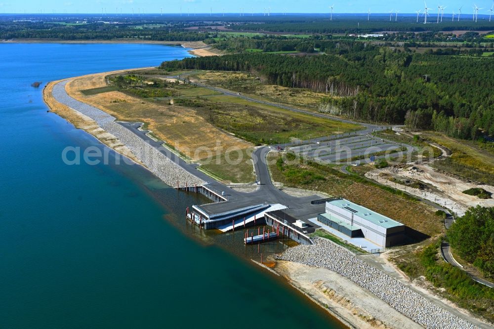 Senftenberg from the bird's eye view: Port facilities on the shores of the Sedlitzer See for the emerging industrial area on the federal highway B156 in Senftenberg in the state Brandenburg, Germany