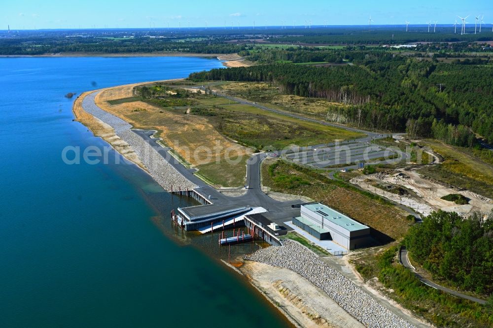 Aerial image Senftenberg - Port facilities on the shores of the Sedlitzer See for the emerging industrial area on the federal highway B156 in Senftenberg in the state Brandenburg, Germany