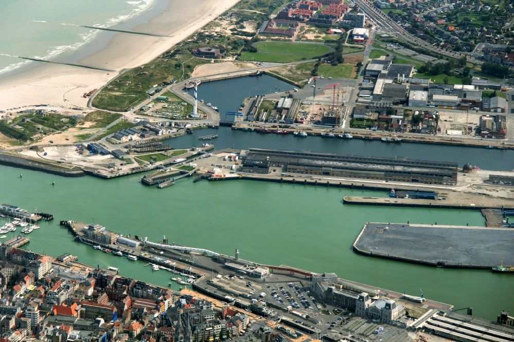 Ostende from above - The port of Ostend in the suburb Stene in West Flan ders in Belgium. The harbour is located at the coast of the North Sea