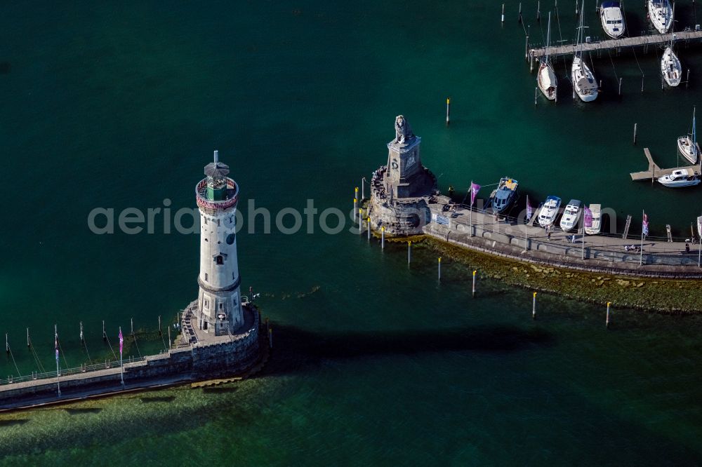 Lindau (Bodensee) from above - Port entrance on the shore of Lake Constance in Lindau am Bodensee in the state Bavaria, Germany
