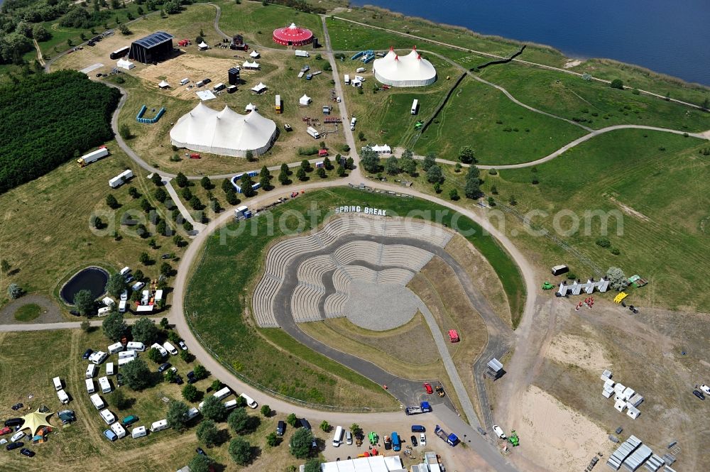Muldestausee from the bird's eye view: Preparations for the Sputnik Spring Break 2012 Festival on the Pouch peninsula in the town of Muldestausee in Saxony-Anhalt