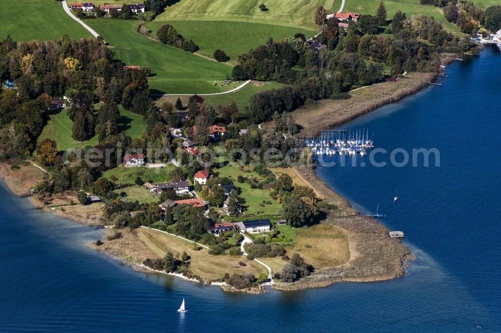 Aerial image Breitbrunn am Chiemsee - Peninsula Sassau with land access and shore area on the Chiemsee in Breitbrunn am Chiemsee in the state Bavaria, Germany