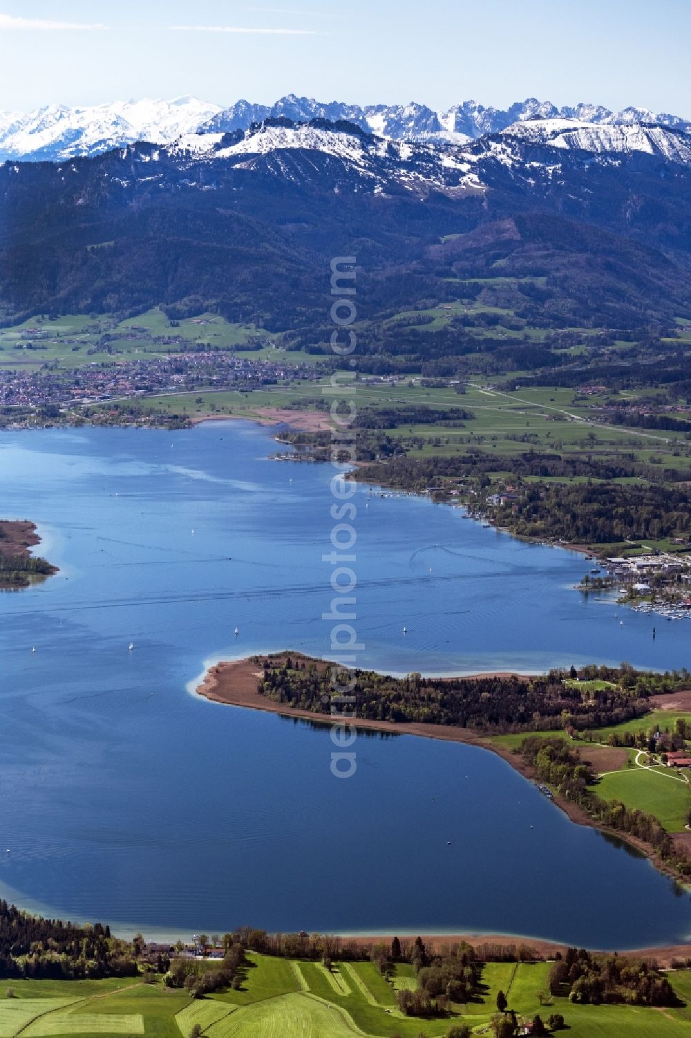 Aerial image Breitbrunn am Chiemsee - Peninsula Sassau with land access and shore area on the Chiemsee in Breitbrunn am Chiemsee in the state Bavaria, Germany