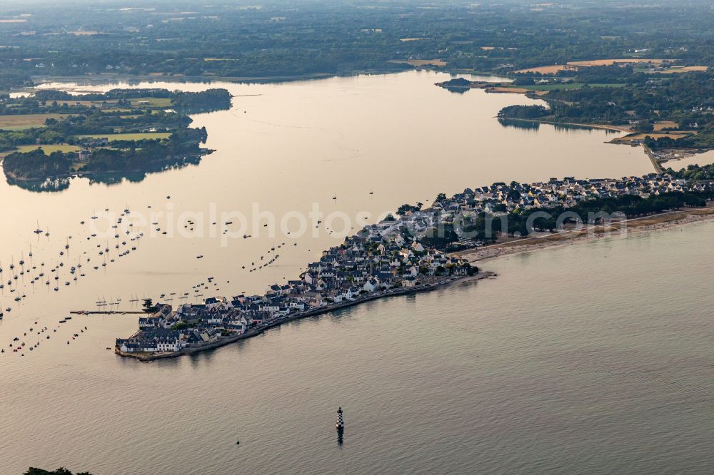 Aerial image Ile-Tudy - Peninsula with Sailing-Boats and shore area on the in Ile-Tudy in Brittany, France