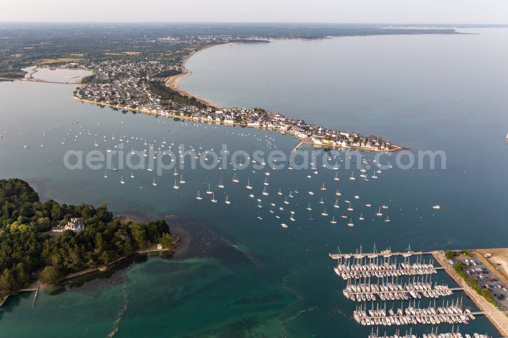 Aerial image Ile-Tudy - Peninsula with Sailing-Boats and shore area on the in Ile-Tudy in Brittany, France