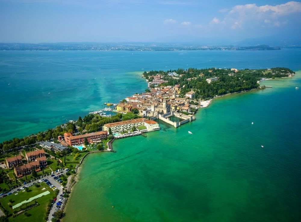 Sirmione from above - Headland Sirmione at the Garda See in Lombardia, Italy. In the picture the Castle Castello scaligero