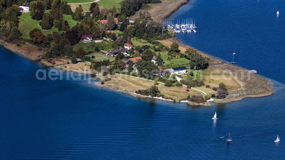 Breitbrunn am Chiemsee from above - Peninsula with land access and shore area on the Chiemsee in Breitbrunn am Chiemsee in the state Bavaria, Germany