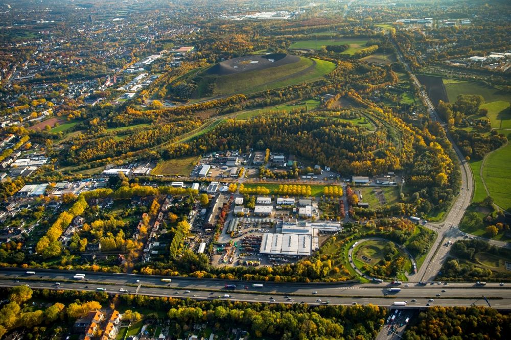 Aerial image Brauck - Colourful and autumnal wooded mining waste tip Graf Moltke and industrial park Gladbeck-Brauck in Brauck in the state of North Rhine-Westphalia. The hilly landscape is located near Brauck, in the South of federal motorway A2