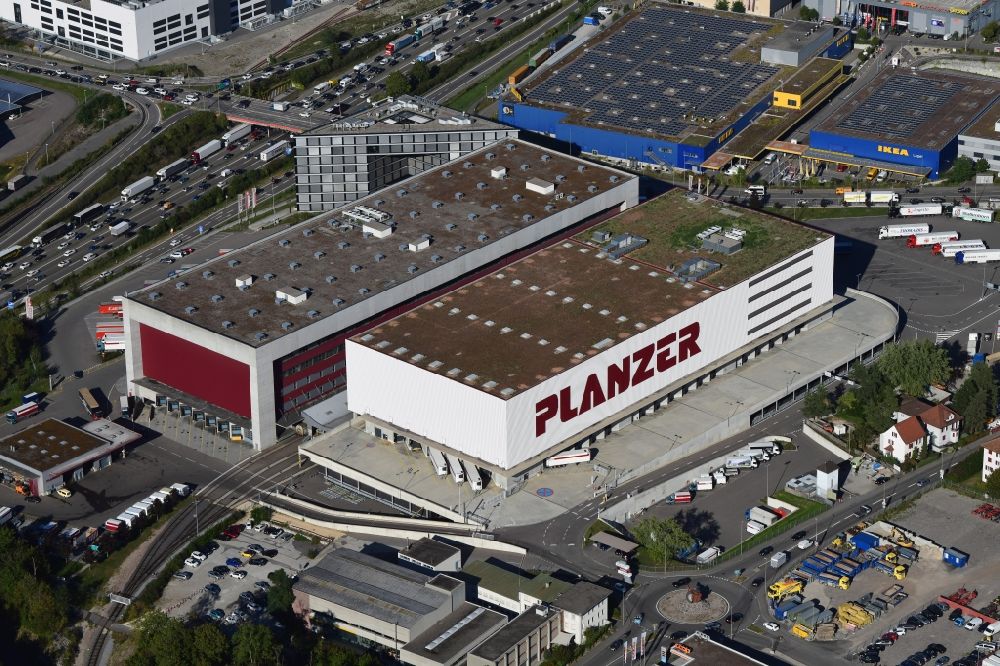 Aerial photograph Pratteln - Building complex and grounds of the logistics center Planzer Transport AG in Pratteln in the canton Basel-Landschaft, Switzerland