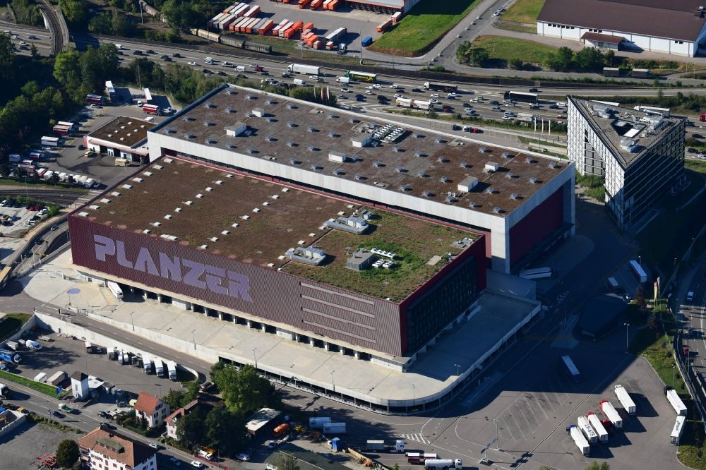 Aerial image Pratteln - Building complex and grounds of the logistics center Planzer Transport AG in Pratteln in the canton Basel-Landschaft, Switzerland