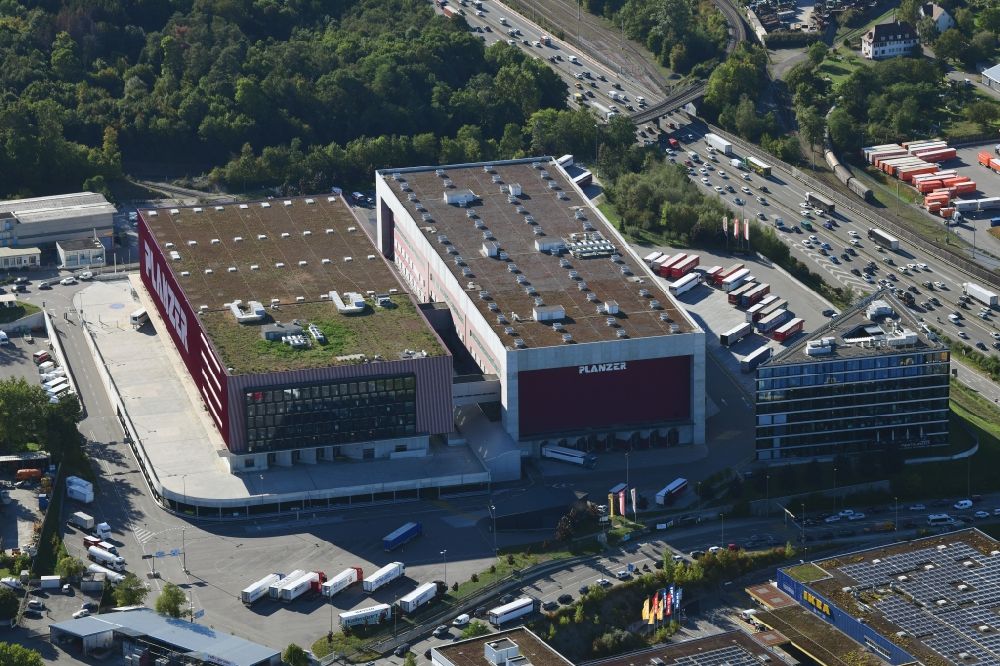 Pratteln from above - Building complex and grounds of the logistics center Planzer Transport AG in Pratteln in the canton Basel-Landschaft, Switzerland