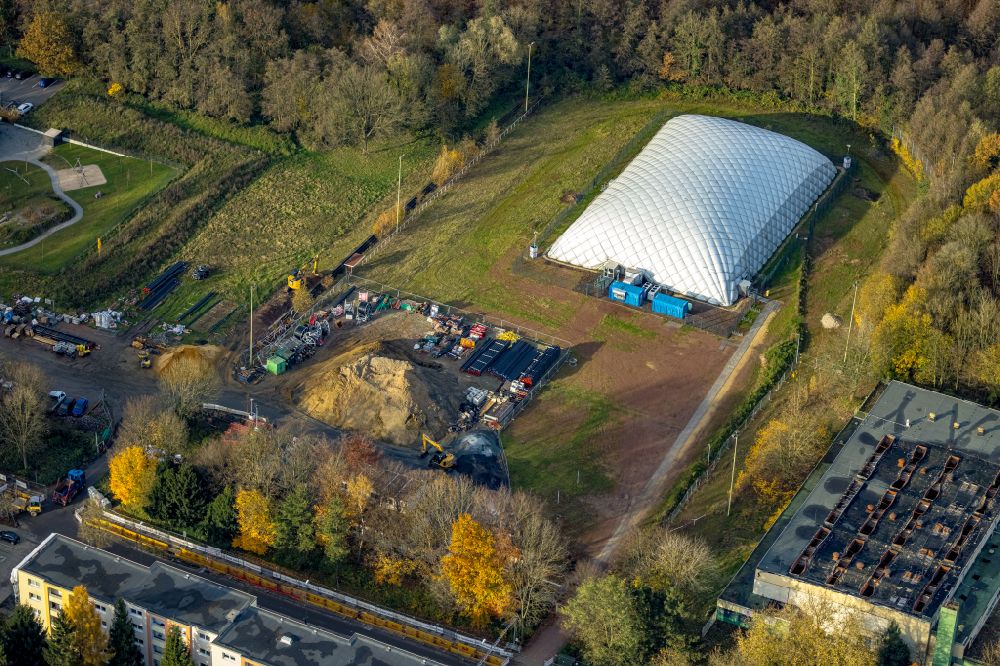 Gladbeck from above - hall construction of a membrane coated as a replacement for a burnt down sports hall in the district Rentfort in Gladbeck at Ruhrgebiet in the state North Rhine-Westphalia, Germany