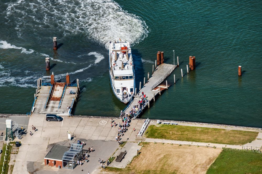 Hooge from above - Hallig Hooge port facility with passenger ship Adler Express docking in the state Schleswig-Holstein, Germany