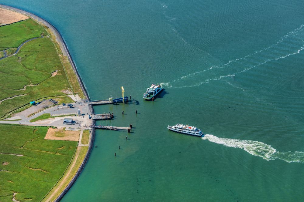 Hooge from the bird's eye view: Hallig Hooge port facility with passenger ship Adler Express and Hilligenlei ferry when docking in the state of Schleswig-Holstein, Germany