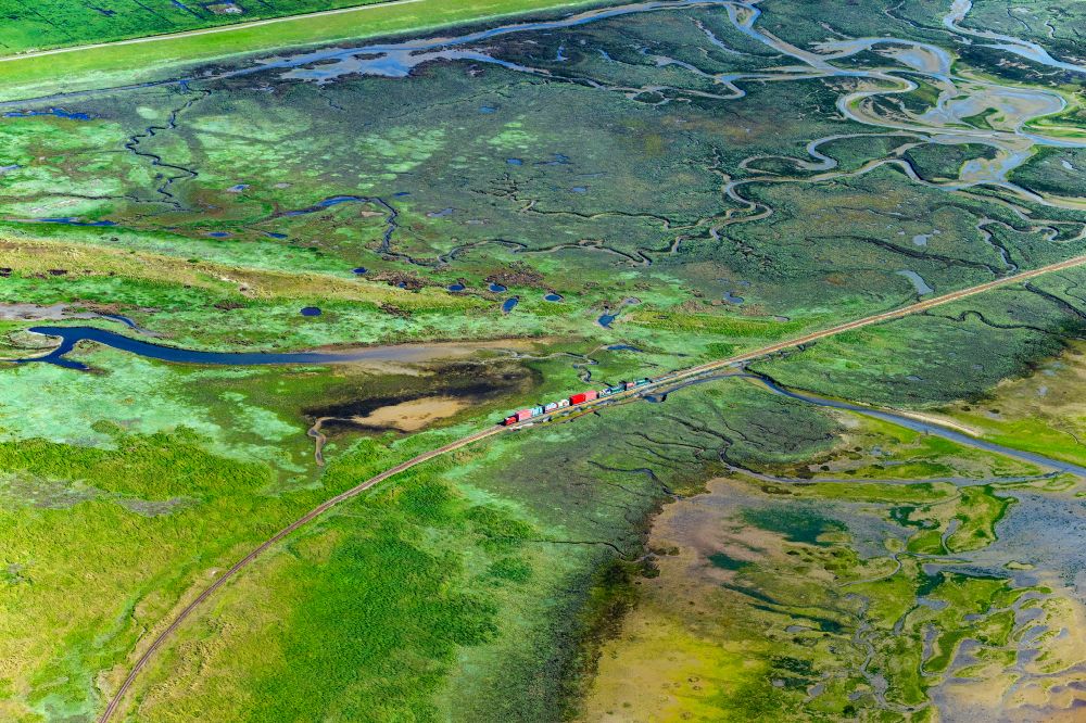Aerial image Wangerooge - Grassland structures of a Hallig landscape with moving train of the Wangerooger Inselbahn - narrow-gauge railway in Wangerooge in the state Lower Saxony, Germany