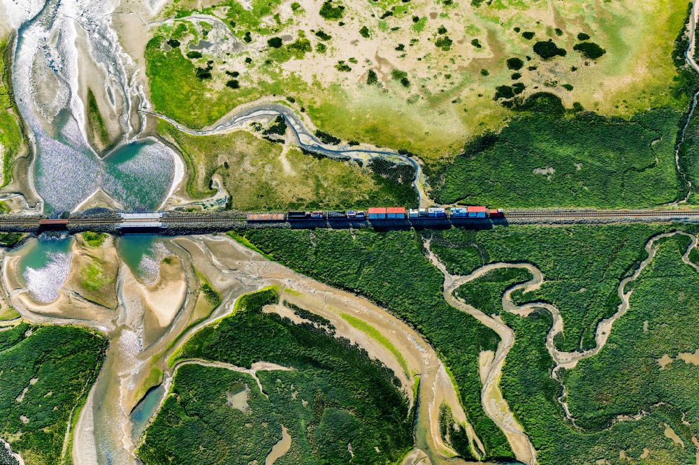 Wangerooge from the bird's eye view: Grassland structures of a Hallig landscape with moving train of the Wangerooger Inselbahn - narrow-gauge railway in Wangerooge in the state Lower Saxony, Germany