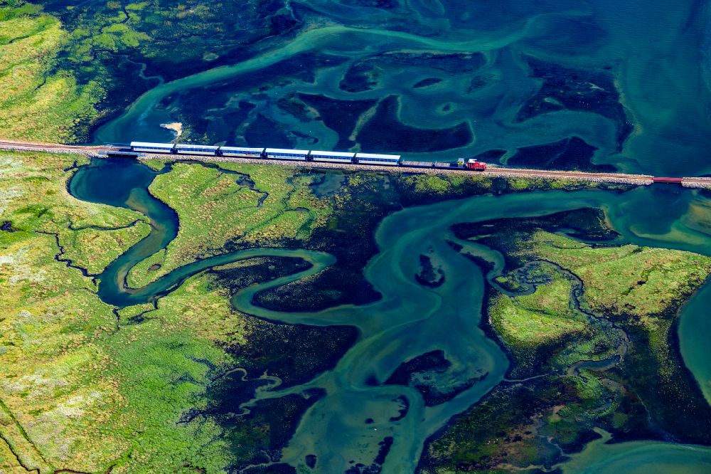 Aerial photograph Wangerooge - Grassland structures of a Hallig landscape with moving train of the Wangerooger Inselbahn - narrow-gauge railway in Wangerooge in the state Lower Saxony, Germany