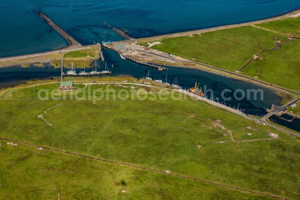 Aerial image Hooge - Grass surface structures of a Hallig landscape with boat harbor in Hallig Hooge in the state Schleswig-Holstein, Germany