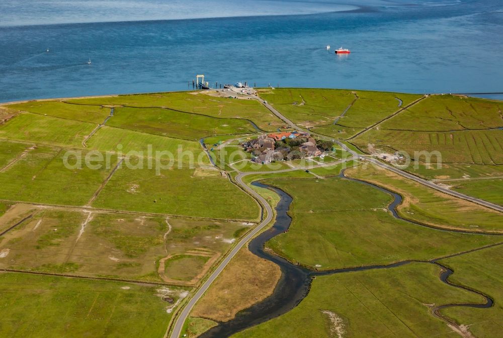 Aerial photograph Hooge - Grassy structures of a Hallig landscape on the Backenswarft in Hallig Hooge in the state Schleswig-Holstein, Germany
