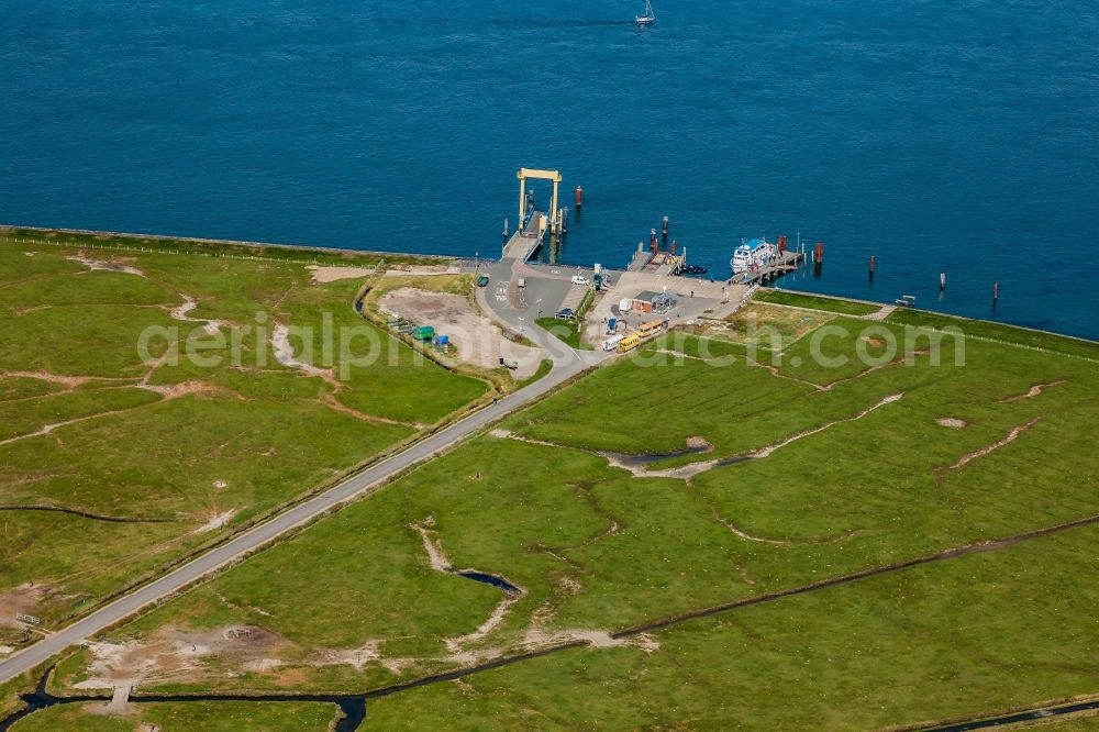 Hooge from the bird's eye view: Grassy structures of a Hallig landscape at the ferry terminal in Hallig Hooge in the state Schleswig-Holstein, Germany