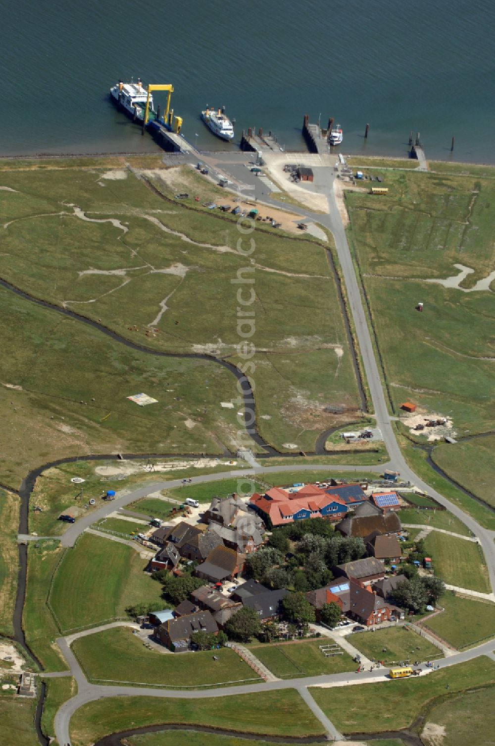 Hooge from above - Green space structures a Hallig Landscape on street Hanswarft in Hooge North Friesland in the state Schleswig-Holstein, Germany