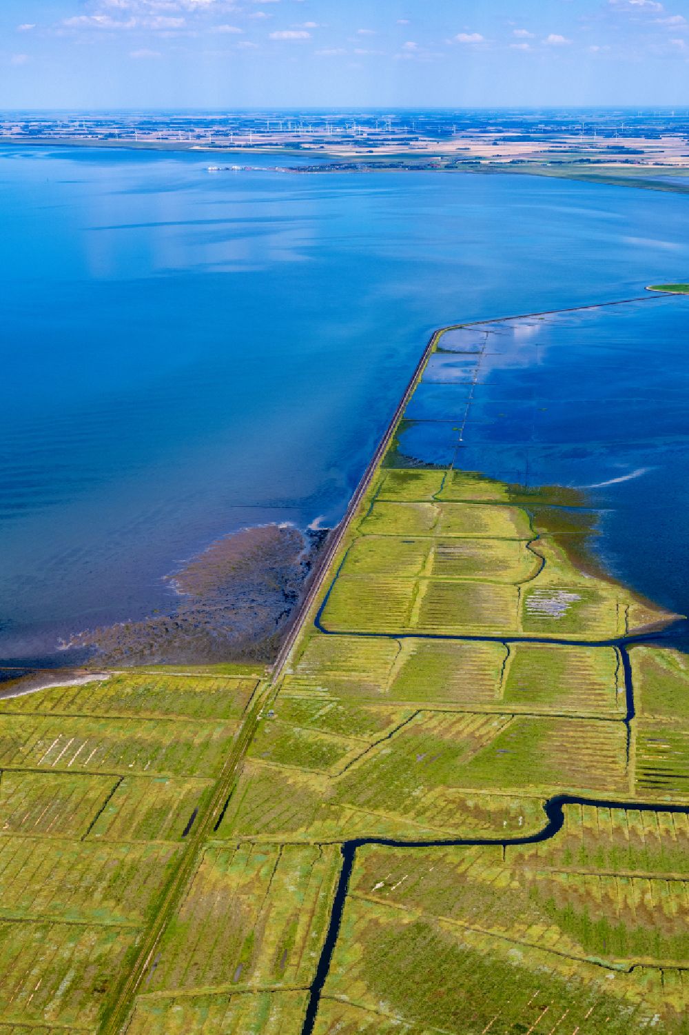 Aerial image Langeneß - Grassy structures of a Hallig landscape on the Hallig Langeness with the Lorenbahn to Olang North Friesland in the state Schleswig-Holstein, Germany