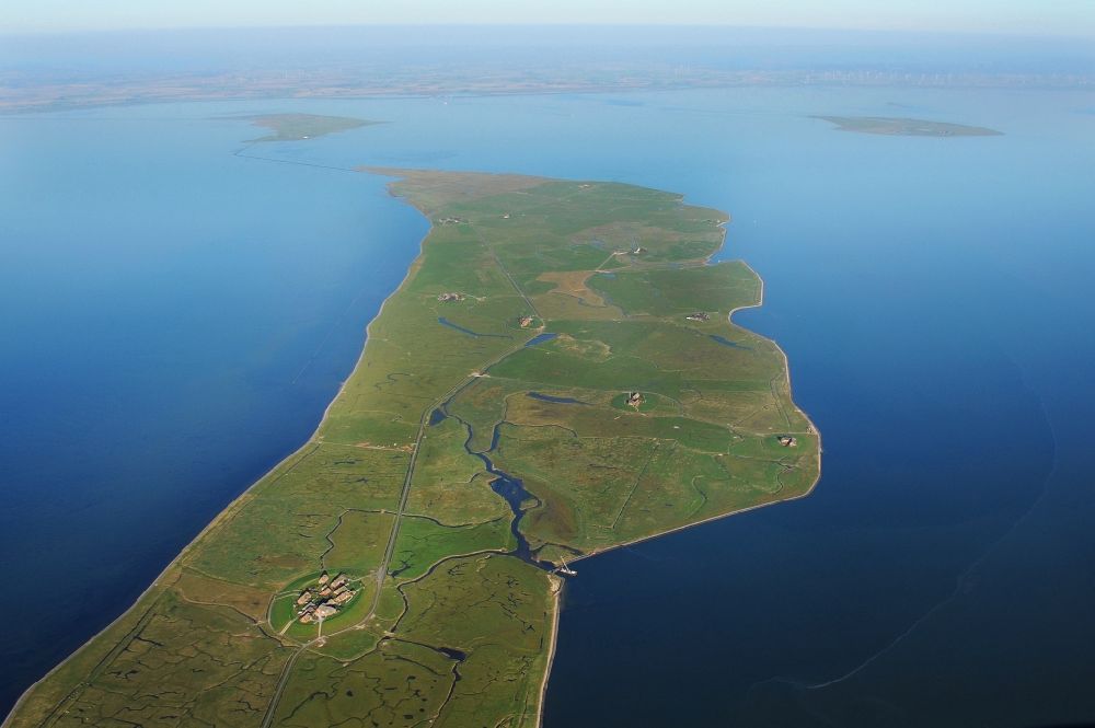 Aerial photograph Langeneß - Green space structures a Hallig Landscape the North Sea island in Langeness North Friesland in the state Schleswig-Holstein, Germany