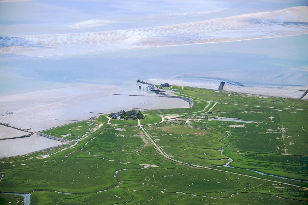Aerial image Langeneß - Green space structures a Hallig Landscape the North Sea island in Langeness North Friesland in the state Schleswig-Holstein, Germany
