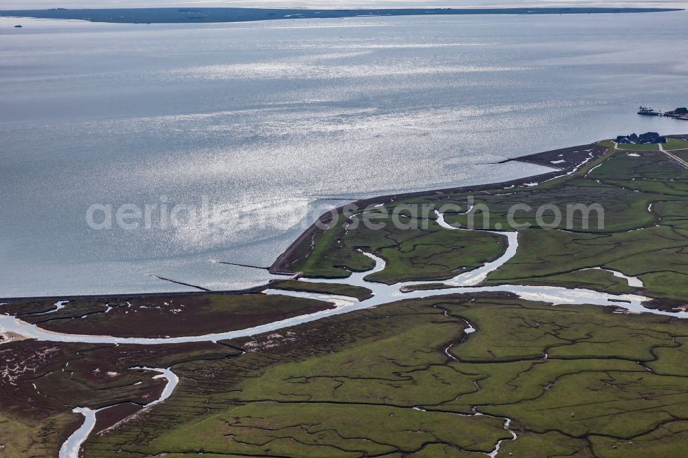 Langeneß from above - Green space structures a Hallig Landscape the North Sea island in Langeness North Friesland in the state Schleswig-Holstein, Germany
